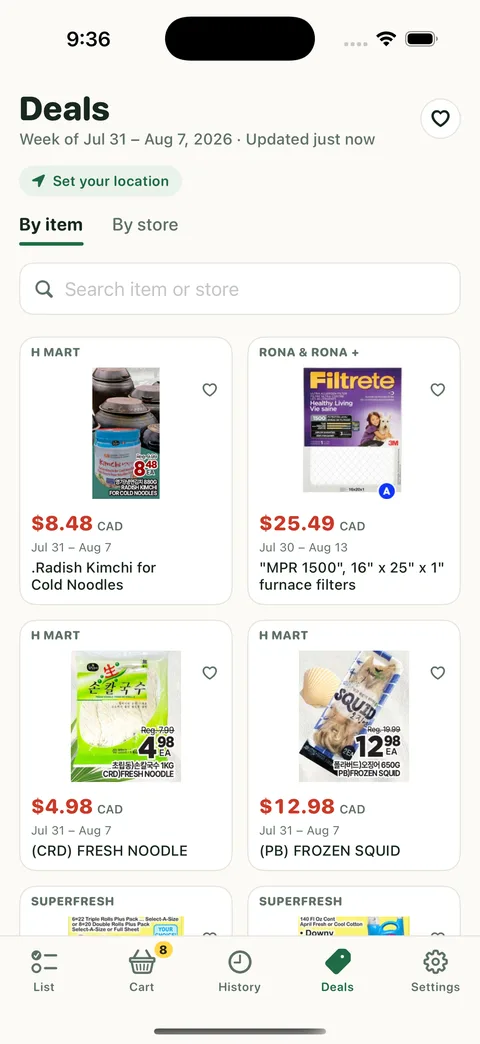 Cartfolio weekly deals grid with real flyer prices from local stores
