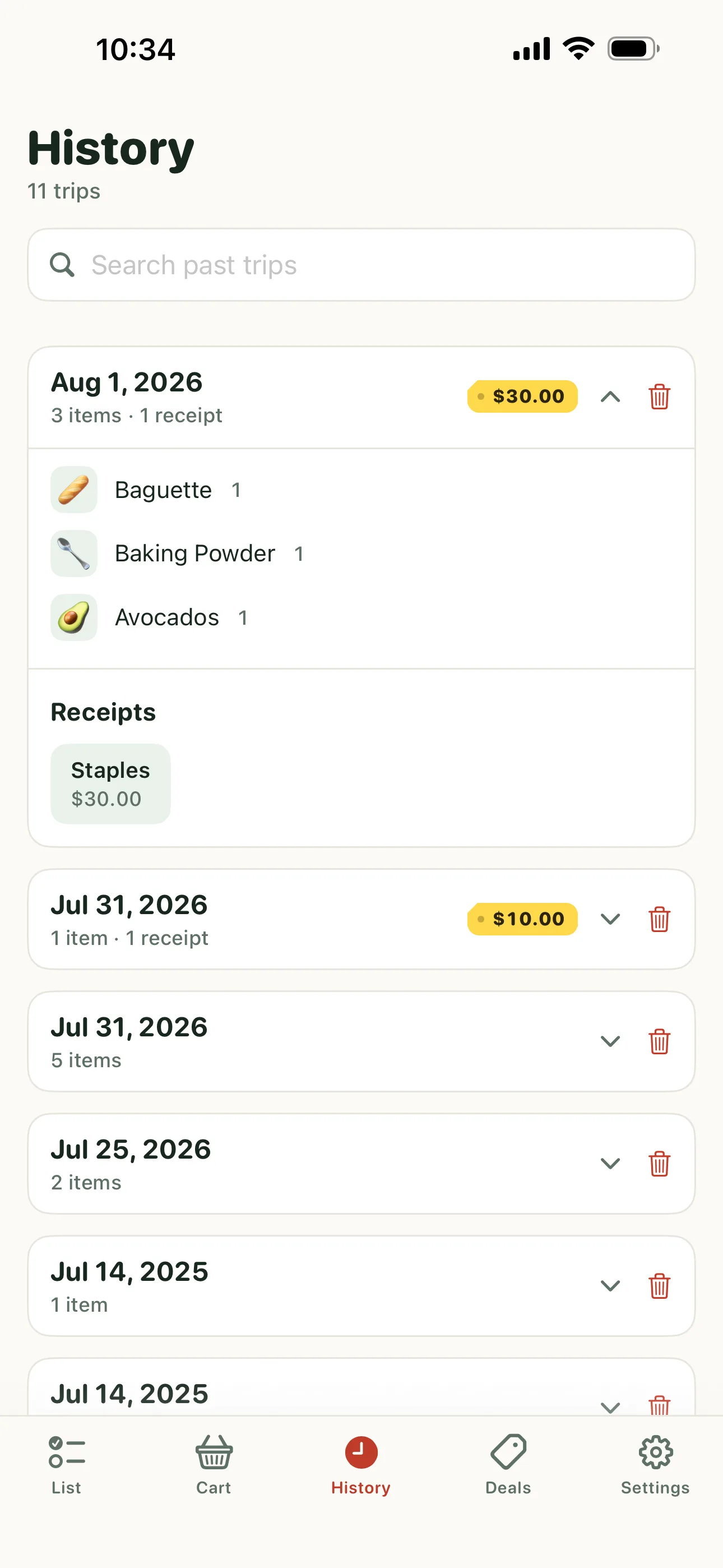 Cartfolio shopping history with 11 past trips and totals