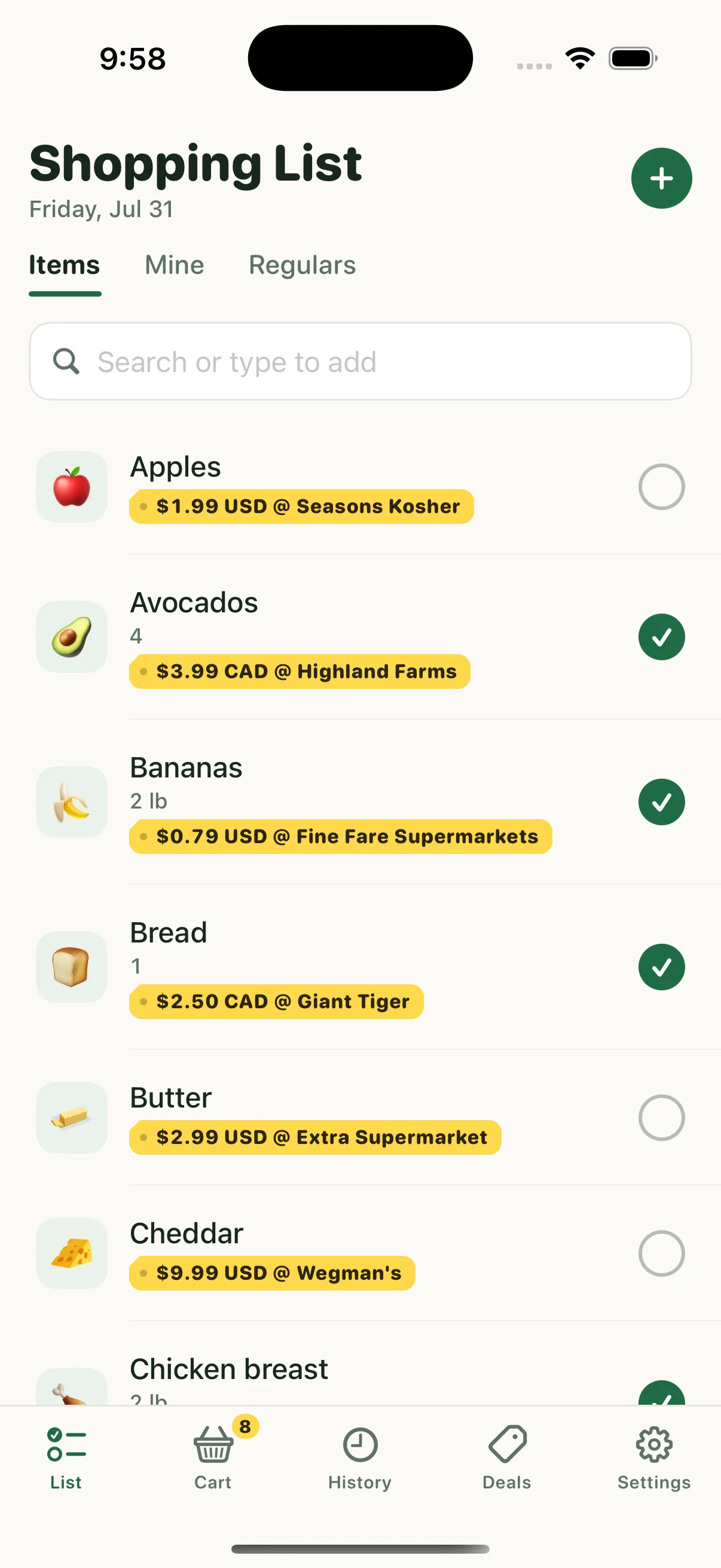 Cartfolio shopping list with quick-add search and yellow deal badges on each item