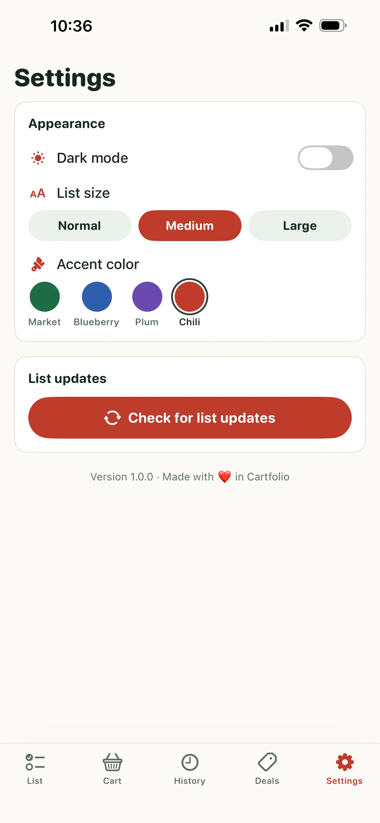 Cartfolio settings screen: dark mode, list size, and accent color, no account or login anywhere
